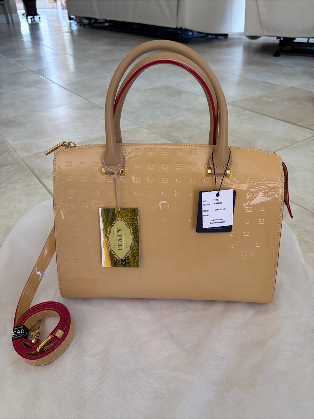 NWT ARCADIA Patent Leather Satchel Handbag in Beige with Red Trim